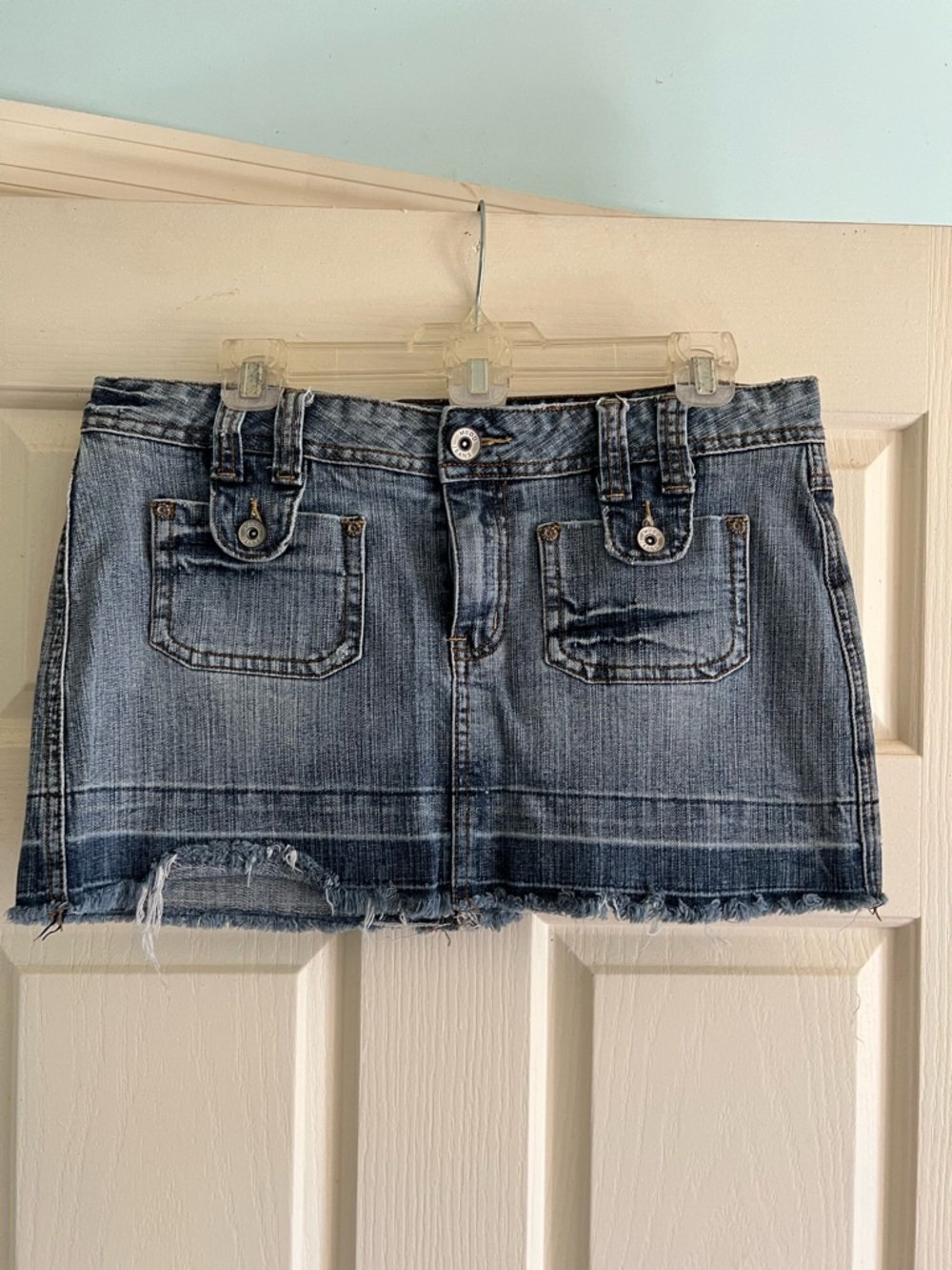 Mudd Light Blue Distressed Denim Mini Skirt